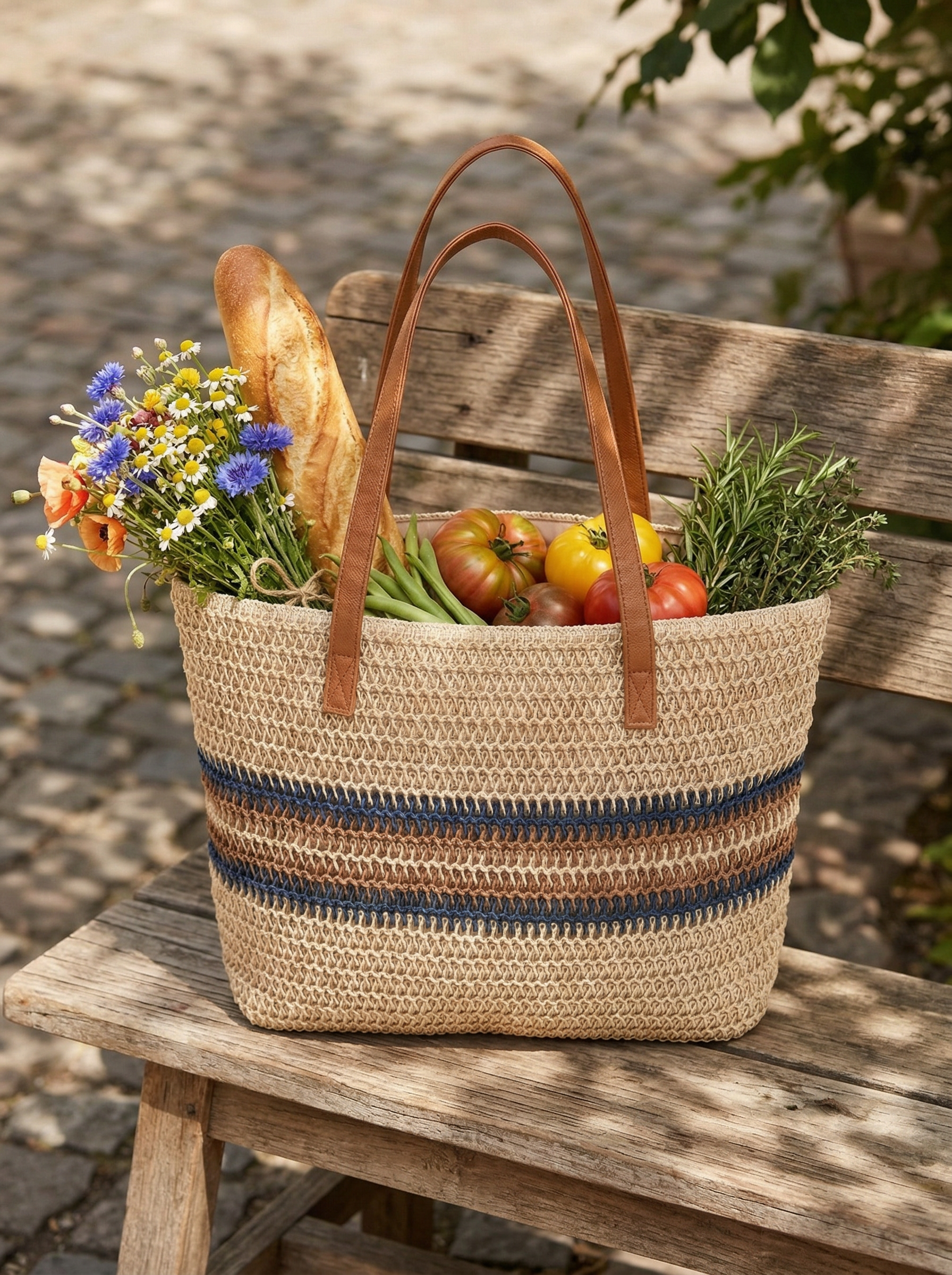 Artisanal Handwoven Stripes Large Tote for Summer Vacation